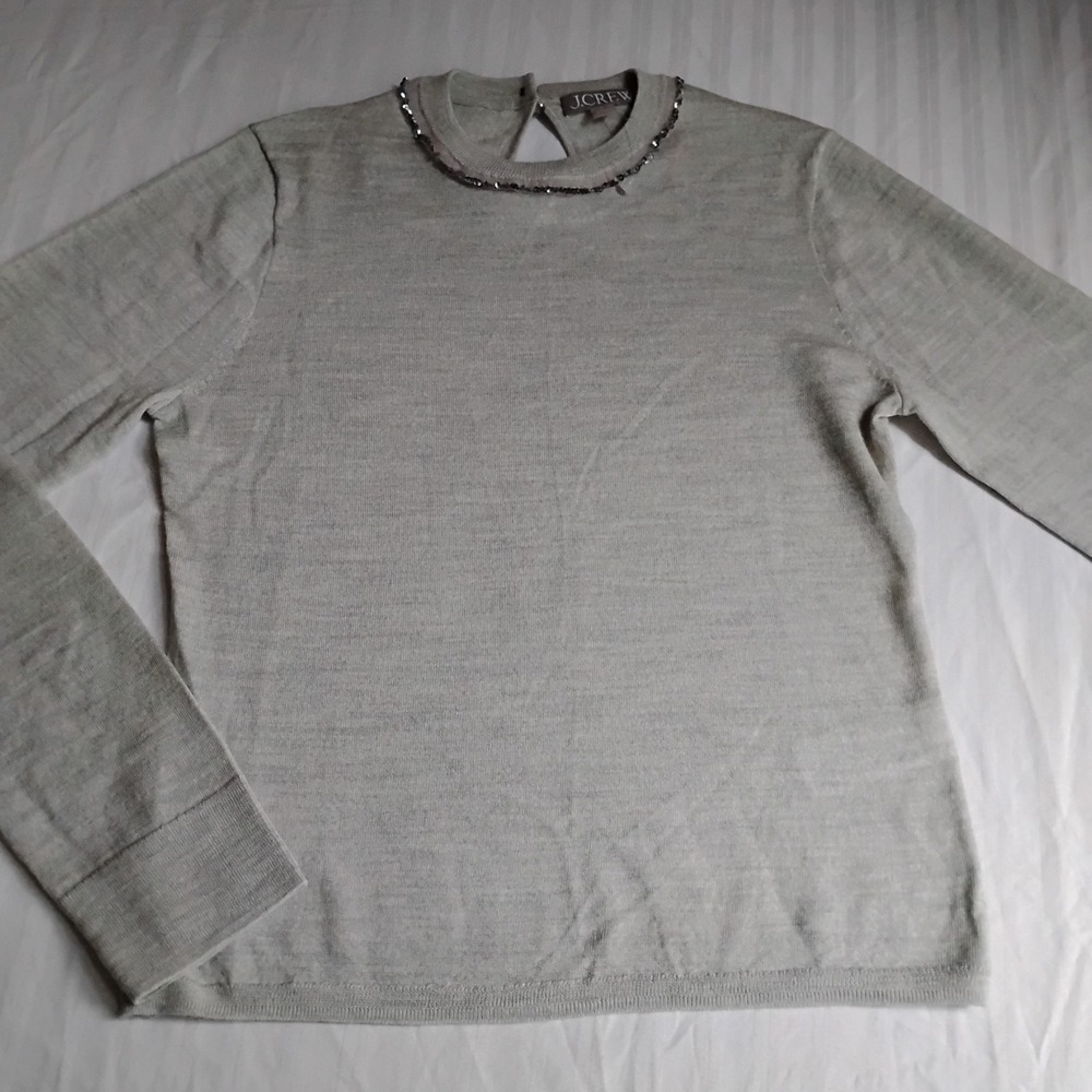 J Crew Sweater Medium Carolyn Embellished Grey Merino Wool Capsule Office New